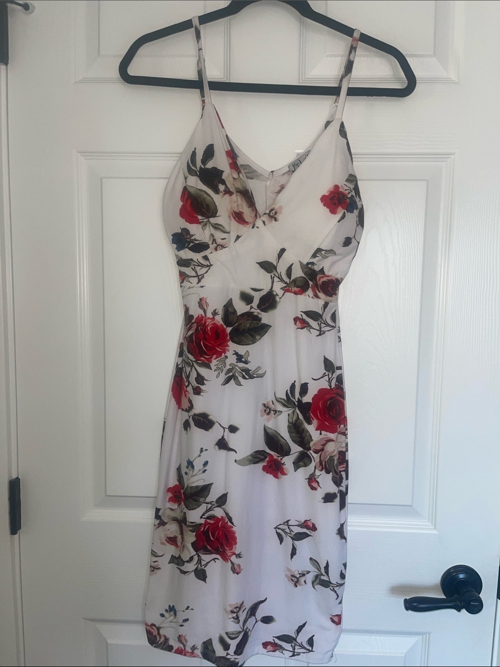 White Floral Slip Dress with Red Rose Print